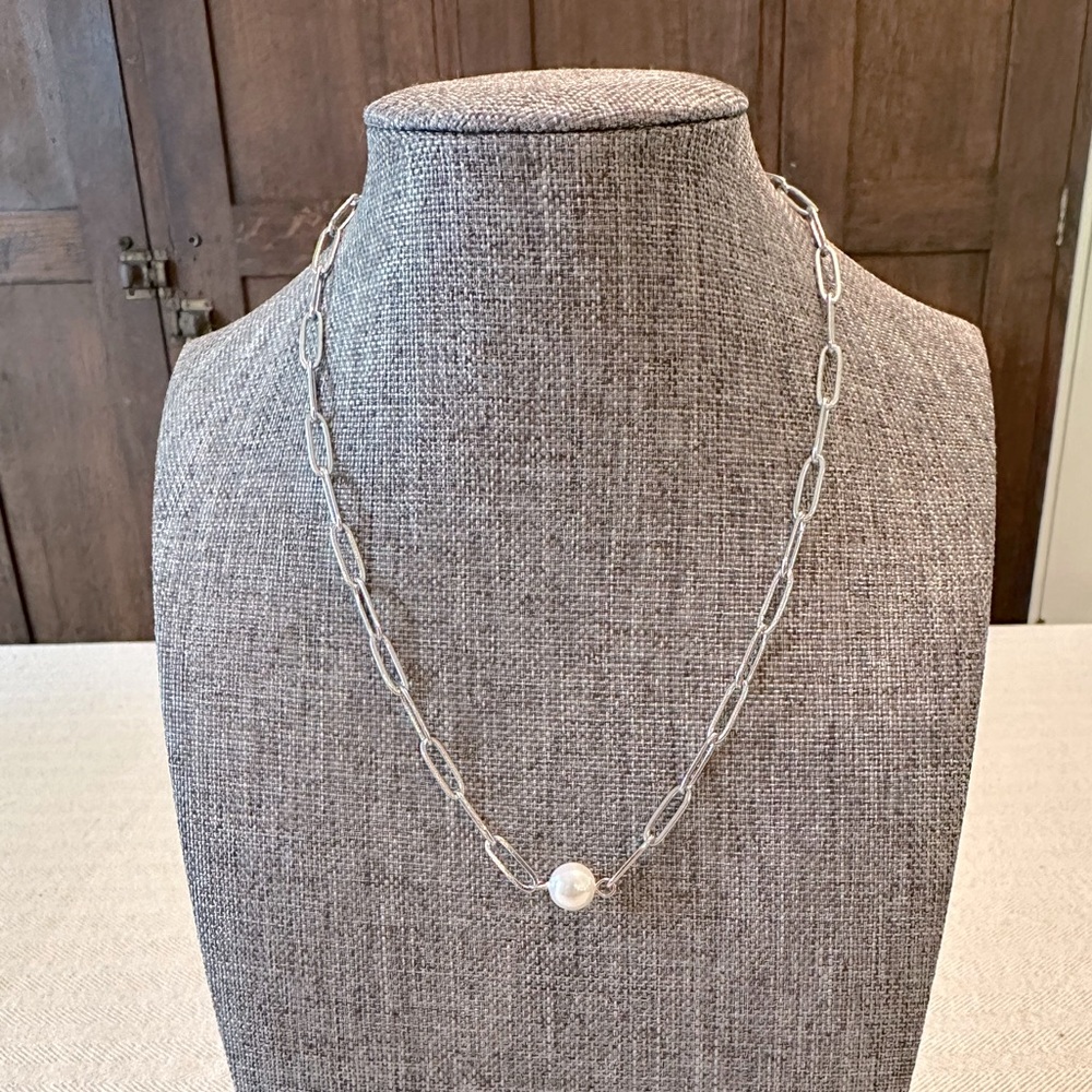 Stainless Steel Paperclip Chain Faux Pearl Necklace Adjustable for Layering - Picture 4 of 7